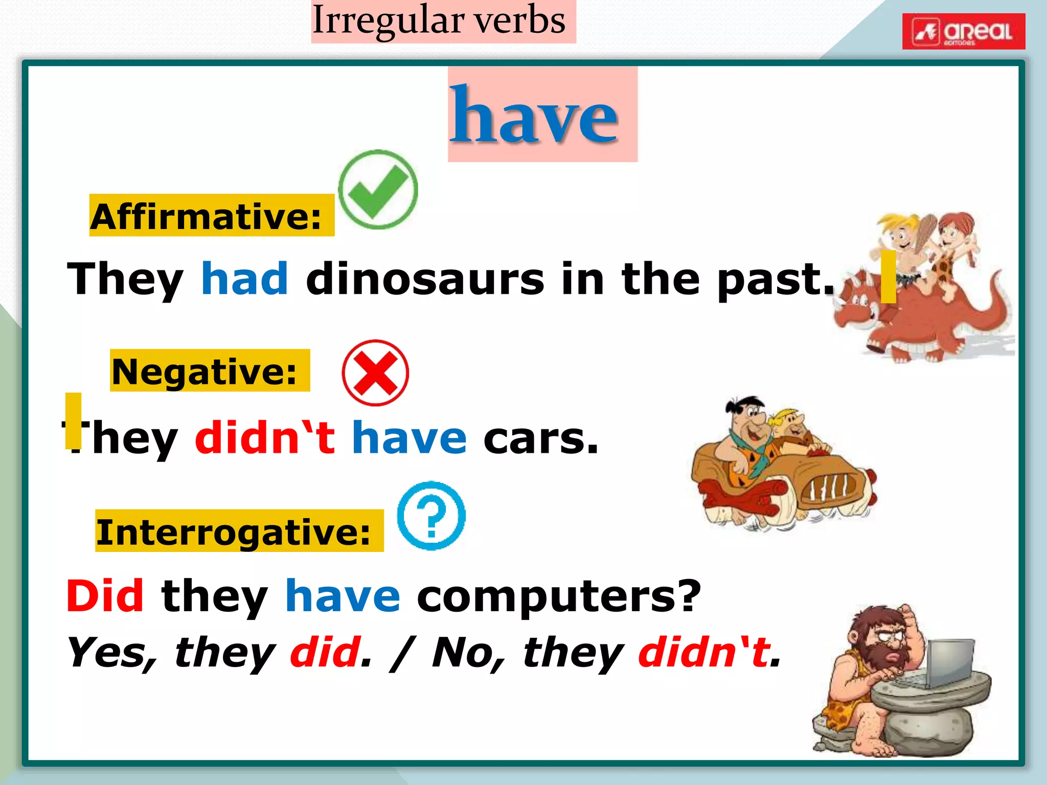 They had dinosaurs in the past.
Irregular verbs
have
They didn‘t have cars.
Affirmative:
Negative:
Interrogative:
Did they have computers?
Yes, they did. / No, they didn‘t.
 