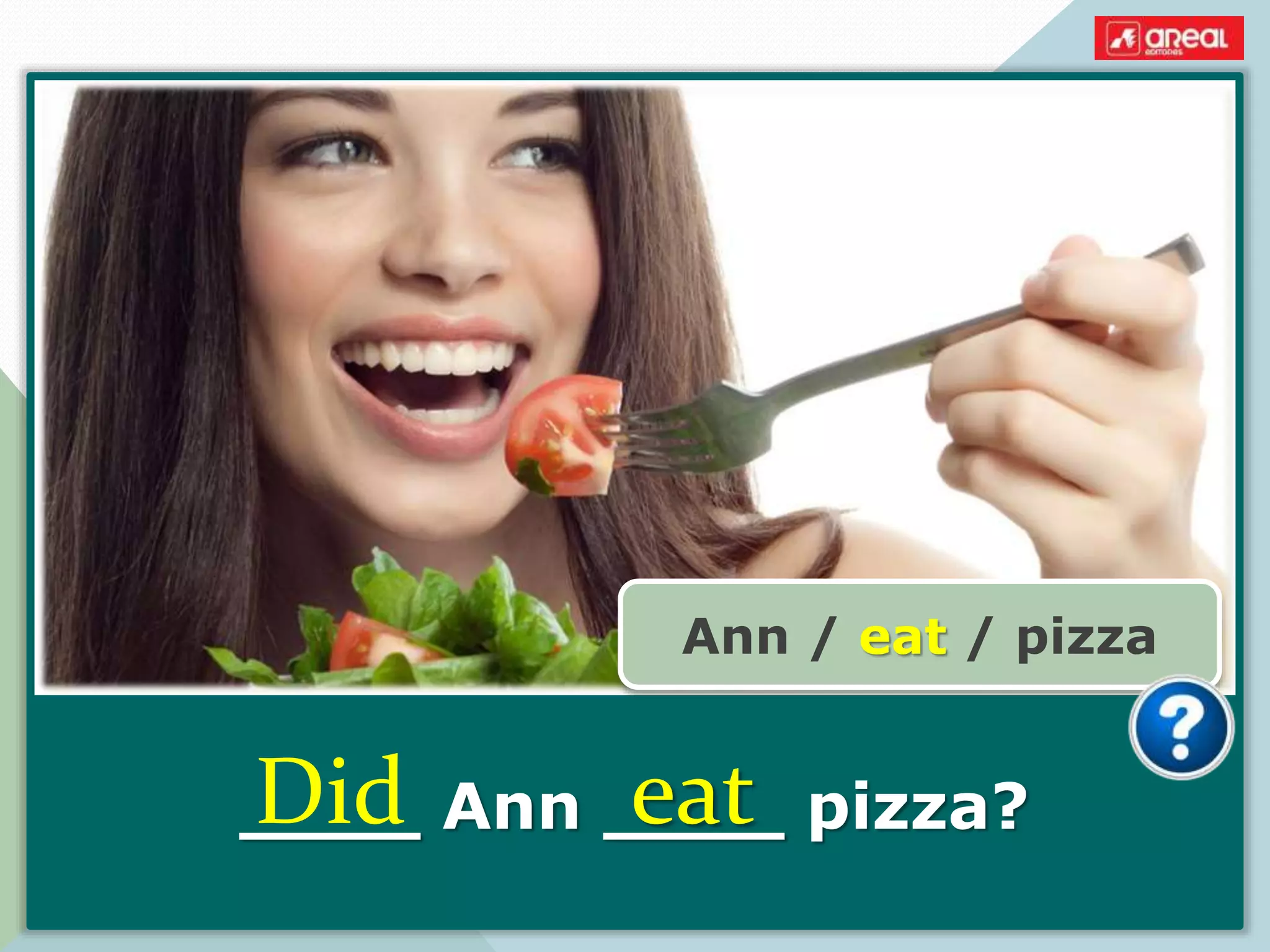 ____ Ann ____ pizza?
Ann / eat / pizza
Did eat
 