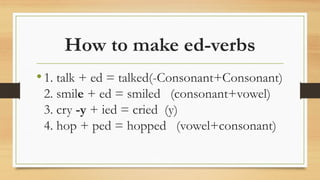 How to make ed-verbs
•1. talk + ed = talked(-Consonant+Consonant)
2. smile + ed = smiled (consonant+vowel)
3. cry -y + ied = cried (y)
4. hop + ped = hopped (vowel+consonant)
 