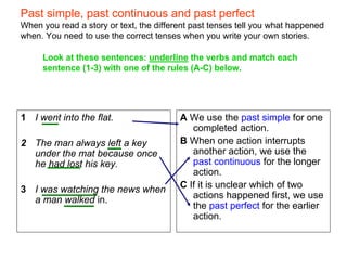 Past simple, past continuous and past perfect
When you read a story or text, the different past tenses tell you what happened
when. You need to use the correct tenses when you write your own stories.

     Look at these sentences: underline the verbs and match each
     sentence (1-3) with one of the rules (A-C) below.




1 I went into the flat.                  A We use the past simple for one
                                            completed action.
2 The man always left a key              B When one action interrupts
  under the mat because once                another action, we use the
  he had lost his key.                      past continuous for the longer
                                            action.
3 I was watching the news when           C If it is unclear which of two
  a man walked in.                          actions happened first, we use
                                            the past perfect for the earlier
                                            action.
 