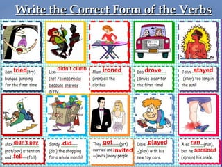 Write the Correct Form of the VerbsWrite the Correct Form of the Verbs
tried didn’t climb ironed drove stayed
fell
didn’t pay did got
invited
played ran
sprained
 