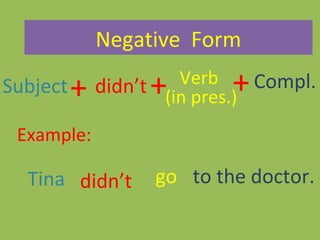 Subject + Verb
(in pres.)
+Compl.
Example:
Tina go to the doctor.
Negative Form
didn’t+
didn’t
 