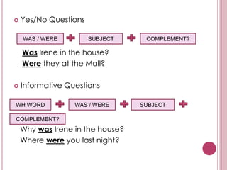  Yes/No Questions
Was Irene in the house?
Were they at the Mall?
 Informative Questions
Why was Irene in the house?
Where were you last night?
WAS / WERE SUBJECT COMPLEMENT?
WH WORD WAS / WERE SUBJECT
COMPLEMENT?
 