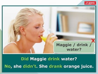 Did Maggie drink water?
No, she didn’t. She drank orange juice.
Maggie / drink /
water?
x
 