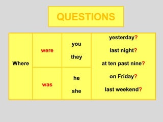 QUESTIONS
Where
were
you
they
yesterday?
last night?
at ten past nine?
on Friday?
last weekend?
was
he
she
 