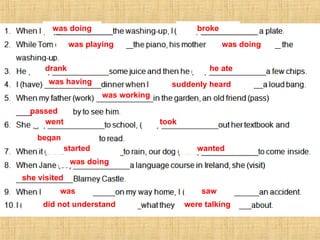 was doing broke
was playing was doing
drank he ate
was having suddenly heard
was working
passed
went took
began
started wanted
was doing
she visited
was saw
did not understand were talking
 