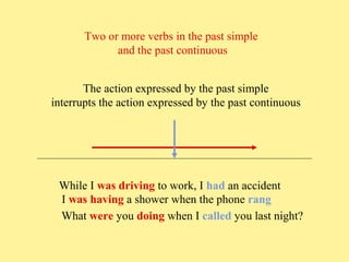Two or more verbs in the past simple
and the past continuous
The action expressed by the past simple
interrupts the action expressed by the past continuous

While I was driving to work, I had an accident
I was having a shower when the phone rang
What were you doing when I called you last night?

 