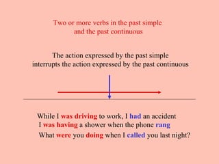Two or more verbs in the past simple
             and the past continuous


       The action expressed by the past simple
interrupts the action expressed by the past continuous




 While I was driving to work, I had an accident
 I was having a shower when the phone rang
 What were you doing when I called you last night?
 