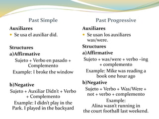 Past Simple Past Progressive
Auxiliares
 Se usa el auxiliar did.
Structures
a)Affirmative
Sujeto + Verbo en pasado +
Complemento
Example: I broke the window
b)Negative
Sujeto + Auxiliar Didn’t + Verbo
+ Complemento
Example: I didn’t play in the
Park. I played in the backyard
Auxiliares
 Se usan los auxiliares
was/were.
Structures
a)Affirmative
Sujeto + was/were + verbo –ing
+ complemento
Example: Mike was reading a
book one hour ago
b)Negative
Sujeto + Verbo + Was/Were +
not + verbo + complemento
Example:
Alina wasn’t running in
the court football last weekend.
 