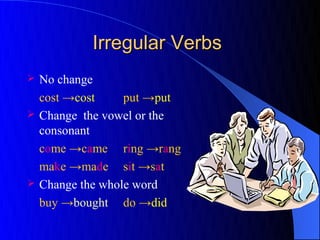 Irregular Verbs
   No change
    cost →cost     put →put
   Change the vowel or the
    consonant
    come →came ring →rang
    make →made sit →sat
   Change the whole word
    buy →bought do →did
 