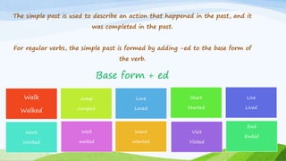 The simple past is used to describe an action that happened in the past, and it
was completed in the past.
For regular verbs, the simple past is formed by adding -ed to the base form of
the verb.
Base form + ed
Walk
Walked
Want
Wanted
Jump
Jumped
Start
Started
End
Ended
Work
Worked
Love
Loved
Live
Lived
Visit
Visited
Wait
waited
 