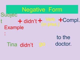 Subjec
t + Verb
(in pres.)
+Compl.
Example
:
Tina go
to the
doctor.
Negative Form
didn’t+
didn’t
 
