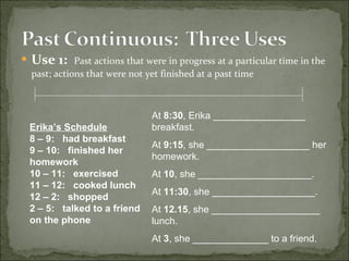 Use 1:   Past actions that were in progress at a particular time in the past; actions that were not yet finished at a past time Erika’s Schedule 8 – 9:  had breakfast 9 – 10:  finished her homework 10 – 11:  exercised 11 – 12:  cooked lunch 12 – 2:  shopped 2 – 5:  talked to a friend on the phone At  8:30 , Erika _________________ breakfast. At  9:15 , she ___________________ her homework. At  10 , she _____________________. At  11:30 , she ___________________. At  12.15 , she ____________________ lunch. At  3 , she ______________ to a friend. 
