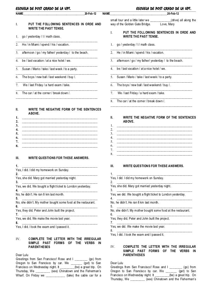Past Tense Irregular Verbs Post Grado