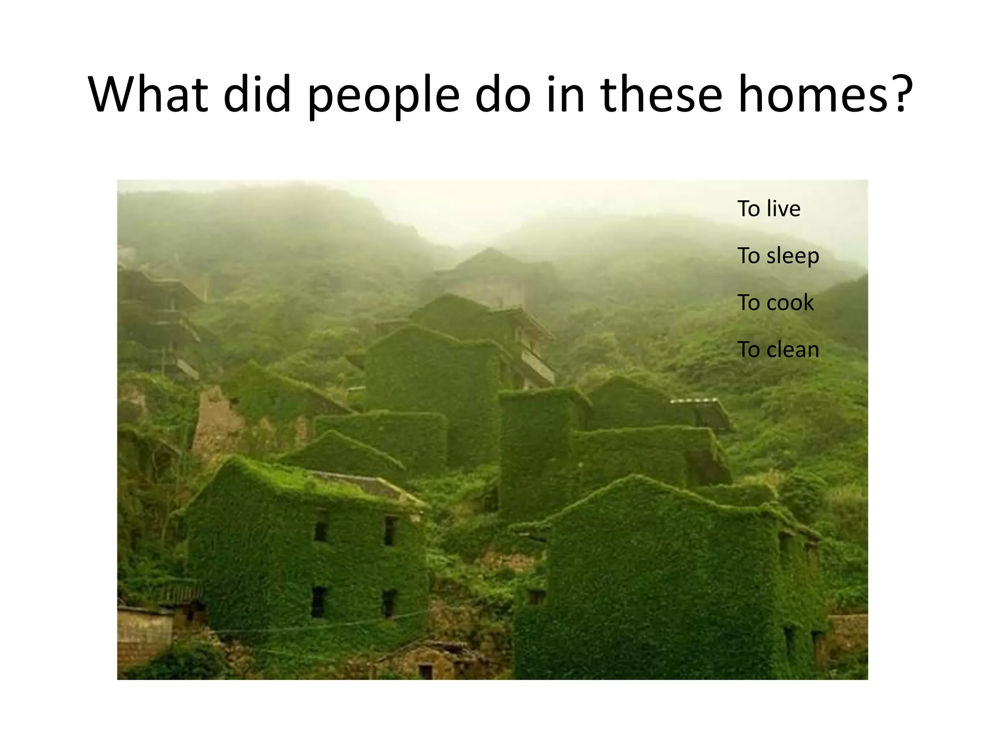 What did people do in these homes?
To live
To sleep
To cook
To clean
 