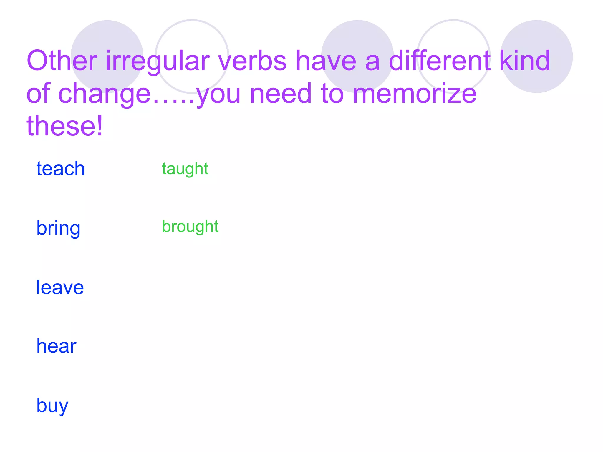 Other irregular verbs have a different kind
of change…..you need to memorize
these!
teach      taught


bring      brought


leave

hear

buy
 