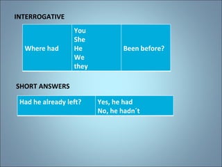 INTERROGATIVE SHORT ANSWERS Where had You She He We they Been before? Had he already left? Yes, he had No, he hadn´t 