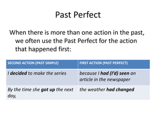 Past Perfect
When there is more than one action in the past,
we often use the Past Perfect for the action
that happened first:
SECOND ACTION (PAST SIMPLE) FIRST ACTION (PAST PERFECT)
I decided to make the series because I had (I’d) seen an
article in the newspaper
By the time she got up the next
day,
the weather had changed
 