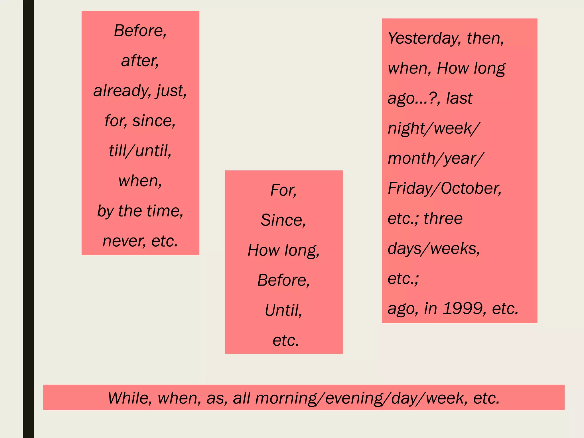 Yesterday, then,
when, How long
ago...?, last
night/week/
month/year/
Friday/October,
etc.; three
days/weeks,
etc.;
ago, in 1999, etc.
While, when, as, all morning/evening/day/week, etc.
Before,
after,
already, just,
for, since,
till/until,
when,
by the time,
never, etc.
For,
Since,
How long,
Before,
Until,
etc.
 