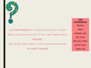 TIME
EXPRESSIONS:
Before,
after,
already, just,
for, since,
till/until, when,
by the time,
never, etc.
Judy had finished her homework by seven o'clock.
When they turned on the TV, the match had already
finished.
We couldn’t get a table in the restaurant because
we hadn’t booked.
 