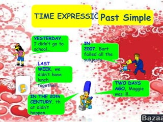 TIME EXPRESSIONSPast Simple
YESTERDAY,
I didn’t go to
school…
LAST
WEEK, we
didn’t have
lunch
together… TWO DAYS
AGO, Maggie
was ill…
IN
2007, Bart
failed all the
subjects…
IN THE 20th
CENTURY, th
at didn’t
happen…
 