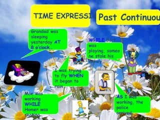 TIME EXPRESSIONSPast Continuou
Grandad was
sleeping
yesterday AT
8 o’clock…
I was trying
to fly WHEN
it began to
rain…
AS I was
working, the
police
arrived…
WHILE Bart
was
playing, someo
ne stole his
money…
Moe was
working
WHILE
Homer was
skating…
 