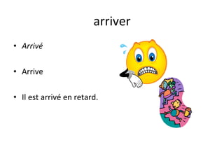 arriver Arrivé Arrive Il est arrivé en retard. 
