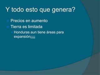 Y todo esto que genera? 
 Precios en aumento 
 Tierra es limitada 
 Honduras aun tiene áreas para 
expansión¡¡¡¡ 
 
