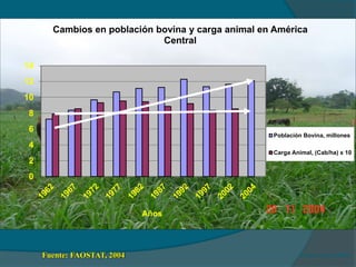 Cambios en población bovina y carga animal en América 
Fuente:(FAO, 2004) 
14 
12 
10 
8 
6 
4 
2 
0 
Años 
Central 
Población Bovina, millones 
Carga Animal, (Cab/ha) x 10 
Fuente: FAOSTAT, 2004 
 