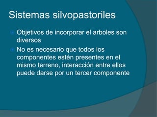 Sistemas silvopastoriles 
 Objetivos de incorporar el arboles son 
diversos 
 No es necesario que todos los 
componentes estén presentes en el 
mismo terreno, interacción entre ellos 
puede darse por un tercer componente 
 