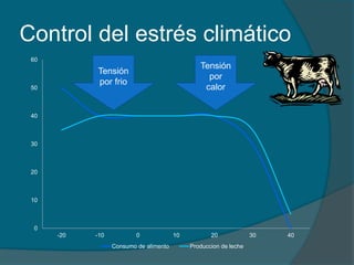 Control del estrés climático 
60 
50 
40 
30 
20 
10 
0 
Tensión 
por frio 
Tensión 
por 
calor 
-20 -10 0 10 20 30 40 
Consumo de alimento Produccion de leche 
 