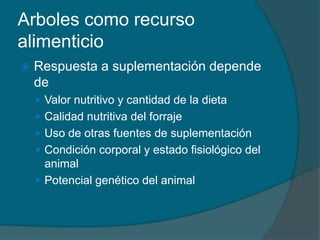 Arboles como recurso 
alimenticio 
 Respuesta a suplementación depende 
de 
 Valor nutritivo y cantidad de la dieta 
 Calidad nutritiva del forraje 
 Uso de otras fuentes de suplementación 
 Condición corporal y estado fisiológico del 
animal 
 Potencial genético del animal 
 