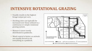 INTENSIVE ROTATIONAL GRAZING
• Usually results in the highest
forage output per acre.
• Stocking rates can typically be
increased over those utilized in a
continuous or simple rotational
grazing system.
• Manure is more evenly
distributed in paddocks.
• Weed control is better, as animals
are usually forced to eat
everything in a paddock.
 