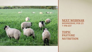 NEXT WEBINAR
WEDNESDAY, FEB 25
7 PM EST
TOPIC
PASTURE
NUTRITION
 