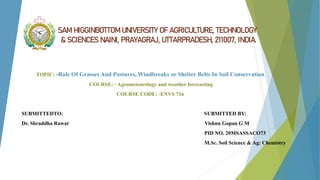 SAM HIGGINBOTTOM UNIVERSITY OF AGRICULTURE, TECHNOLOGY
& SCIENCES NAINI, PRAYAGRAJ, UTTARPRADESH, 211007, INDIA.
TOPIC: -Role Of Grasses And Pastures, Windbreaks or Shelter Belts In Soil Conservation
COURSE: - Agrometeorology and weather forecasting
COURSE CODE: -ENVS 716
SUBMITTEDTO: SUBMITTED BY:
Dr. Shraddha Rawat Vishnu Gopan G M
PID NO. 20MSASSACO73
M.Sc. Soil Science & Ag: Chemistry
 