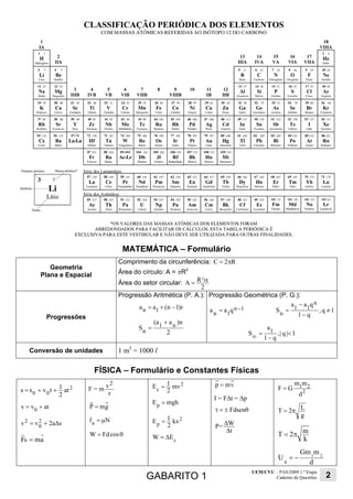 GABARITO 1
UEM/CVU – PAS/2009 1.ª Etapa
Caderno de Questões 2
MATEMÁTICA – Formulário
Geometria
Plana e Espacial
Comprimento da circunferência: C 2 R= π
Área do círculo: A = πR2
Área do setor circular:
2
RA
2
α=
Progressões
Progressão Aritmética (P. A.):
r)1n(aa 1n −+=
2
n)aa(
S n1
n
+
=
Progressão Geométrica (P. G.):
1n
1n
qaa −= 1q,
q1
qaa
S
n
11
n
≠
−
−
=
1|q|,
q1
a
S 1 <
−
=∞
Conversão de unidades 1 m3
= 1000 l
FÍSICA – Formulário e Constantes Físicas
2
00 at
2
1tvss ++=
atvv 0 +=
sa2vv 2
0
2 ∆+=
RF ma=
F = m
r
v2
gmP =
Nfa µ=
θ= cosFdW
2
c mv
2
1E =
mghEp =
2
p kx
2
1E =
cEW ∆=
vmp =
I = F∆t = ∆p
θ±=τ Fdsen
WP=
t
∆
∆
2
21
d
mm
GF =
g
L2T π=
mT 2
k
= π
1 2
g
Gm m
U
d
= −
 