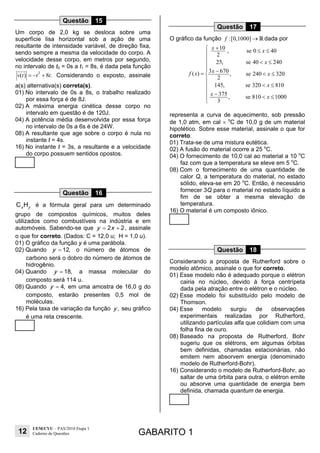 12
UEM/CVU – PAS/2010 Etapa 1
Caderno de Questões GABARITO 1
Questão 15
Um corpo de 2,0 kg se desloca sobre uma
superfície lisa horizontal sob a ação de uma
resultante de intensidade variável, de direção fixa,
sendo sempre a mesma da velocidade do corpo. A
velocidade desse corpo, em metros por segundo,
no intervalo de t0 = 0s a t1 = 8s, é dada pela função
2
( ) 8 .= − +v t t t Considerando o exposto, assinale
a(s) alternativa(s) correta(s).
01) No intervalo de 0s a 8s, o trabalho realizado
por essa força é de 8J.
02) A máxima energia cinética desse corpo no
intervalo em questão é de 120J.
04) A potência média desenvolvida por essa força
no intervalo de 0s a 6s é de 24W.
08) A resultante que age sobre o corpo é nula no
instante t = 4s.
16) No instante t = 3s, a resultante e a velocidade
do corpo possuem sentidos opostos.
Questão 16
C H
x y
é a fórmula geral para um determinado
grupo de compostos químicos, muitos deles
utilizados como combustíveis na indústria e em
automóveis. Sabendo-se que = +
2 2
y x , assinale
o que for correto. (Dados: C = 12,0 u; H = 1,0 u).
01) O gráfico da função y é uma parábola.
02) Quando
1 2 ,
y = o número de átomos de
carbono será o dobro do número de átomos de
hidrogênio.
04) Quando
1 8 ,
y = a massa molecular do
composto será 114 u.
08) Quando
4 ,
y = em uma amostra de 16,0 g do
composto, estarão presentes 0,5 mol de
moléculas.
16) Pela taxa de variação da função
,
y seu gráfico
é uma reta crescente.
Questão 17
O gráfico da função :[0,1000]f → R dada por
10 , se 0 40
2
25, se 40 240
3 670( ) , se 240 320
2
145, se 320 810
375 , se 810 1000
3
x x
x
xf x x
x
x x
+⎧ ≤ ≤
⎪
⎪ < ≤
⎪
⎪ −= < ≤⎨
⎪
< ≤⎪
⎪ − < ≤⎪
⎩
representa a curva de aquecimento, sob pressão
de 1,0 atm, em cal × o
C de 10,0 g de um material
hipotético. Sobre esse material, assinale o que for
correto.
01) Trata-se de uma mistura eutética.
02) A fusão do material ocorre a 25 o
C.
04) O fornecimento de 10,0 cal ao material a 10 o
C
faz com que a temperatura se eleve em 5 o
C.
08) Com o fornecimento de uma quantidade de
calor Q, a temperatura do material, no estado
sólido, eleva-se em 20 o
C. Então, é necessário
fornecer 3Q para o material no estado líquido a
fim de se obter a mesma elevação de
temperatura.
16) O material é um composto iônico.
Questão 18
Considerando a proposta de Rutherford sobre o
modelo atômico, assinale o que for correto.
01) Esse modelo não é adequado porque o elétron
cairia no núcleo, devido à força centrípeta
dada pela atração entre o elétron e o núcleo.
02) Esse modelo foi substituído pelo modelo de
Thomson.
04) Esse modelo surgiu de observações
experimentais realizadas por Rutherford,
utilizando partículas alfa que colidiam com uma
folha fina de ouro.
08) Baseado na proposta de Rutherford, Bohr
sugeriu que os elétrons, em algumas órbitas
bem definidas, chamadas estacionárias, não
emitem nem absorvem energia (denominado
modelo de Rutherford-Bohr).
16) Considerando o modelo de Rutherford-Bohr, ao
saltar de uma órbita para outra, o elétron emite
ou absorve uma quantidade de energia bem
definida, chamada quantum de energia.
 