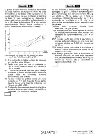 GABARITO 1
UEM/CVU – PAS/2010 Etapa 1
Caderno de Questões 7
Questão 04
O gráfico a seguir mostra a incidência de diversos
cânceres humanos em função da idade. As taxas
de incidência e as idades estão representadas na
escala logarítmica, na qual é utilizado o logaritmo
na base 10 para representar as distâncias à
origem. Além disso, no gráfico, a distância entre o
1 e o 10 é igual à distância de 10 a 100, e assim
sucessivamente. Dessa forma, analisando o
gráfico, assinale a(s) alternativa(s) correta(s).
Fonte: AMABIS, J.M.; MARTHO, G.R. Biologia das células.
vol. 1. São Paulo: Moderna, 2004. p.187.
01) O crescimento de todos os tipos de cânceres
em relação à idade é linear.
02) Existe uma idade em que a incidência do
câncer de estômago ultrapassa a incidência de
câncer de pele.
04) O câncer de próstata, que em geral começa
acima dos quarenta anos (acima da idade dos
outros tipos de cânceres), aumenta
drasticamente com a idade.
08) No eixo vertical do gráfico, existe um ponto
indicado por “ • ”, sem legenda. Nesse ponto,
deveria haver uma legenda indicando um
número entre 600 e 700.
16) A utilização de uma escala logarítmica facilita a
visualização do aumento drástico da incidência
de câncer, com o aumento da idade.
Questão 05
Na fibra muscular, a fonte primária de energia para
contração é a glicose. A taxa de transformação de
glicose em energia é de aproximadamente 16 kJ/g.
Um atleta de 70 kg gasta, em 1 hora de
musculação, 400 kcal. Considerando 1 cal = 4 J, a
aceleração da gravidade g = 10 m/s2
e as
informações apresentadas acima, assinale o que
for correto.
01) Esse atleta consome, durante esses
exercícios, 100 g de glicose.
02) A energia gasta pelo atleta equivale à variação
da energia potencial desse atleta ao subir uma
escadaria de aproximadamente 2.285 m de
altura.
04) A energia gasta pelo atleta é equivalente à
energia potencial elástica de uma mola com
constante elástica de 5.000 N/m comprimida
de 0,5 m.
08) A energia gasta pelo atleta é equivalente à
energia cinética de um carro de massa 103
kg,
viajando a 100 km/h.
16) A energia gasta pelo atleta é equivalente ao
trabalho realizado por uma força resultante
que, atuando sobre um caminhão de 104
kg, irá
levá-lo do repouso até a velocidade de
aproximadamente 57 m/s.
 