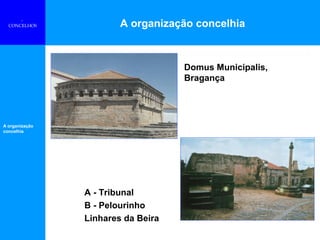 A organização concelhia
A organização
concelhia
,
CONCELHOS
Domus Municipalis,
Bragança
A - Tribunal
B - Pelourinho
Linhares da Beira
 