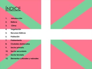 ÍNDICE
1.    Introducción

2.    Relieve

3.    Clima

4.    Vegetación

5.    Recursos hídricos

6.    Población

7.    Poblamiento

8.    Ciudades destacadas

9.    Sector primario

10.   Sector secundario

11.   Sector terciario

12.   Elementos culturales y naturales
 