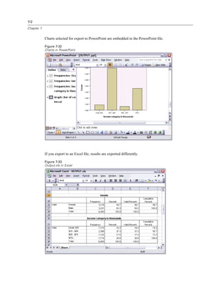 112

Chapter 7


            Charts selected for export to PowerPoint are embedded in the PowerPoint ﬁle.

            Figure 7-32
            Charts in PowerPoint




            If you export to an Excel ﬁle, results are exported differently.

            Figure 7-33
            Output.xls in Excel
 
