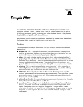 Appendix

                                                                                              A
Sample Files

   The sample ﬁles installed with the product can be found in the Samples subdirectory of the
   installation directory. There is a separate folder within the Samples subdirectory for each of
   the following languages: English, French, German, Italian, Japanese, Korean, Polish, Russian,
   Simpliﬁed Chinese, Spanish, and Traditional Chinese.

   Not all sample ﬁles are available in all languages. If a sample ﬁle is not available in a language,
   that language folder contains an English version of the sample ﬁle.

   Descriptions

   Following are brief descriptions of the sample ﬁles used in various examples throughout the
   documentation.
       accidents.sav. This is a hypothetical data ﬁle that concerns an insurance company that is
       studying age and gender risk factors for automobile accidents in a given region. Each case
       corresponds to a cross-classiﬁcation of age category and gender.
       adl.sav. This is a hypothetical data ﬁle that concerns efforts to determine the beneﬁts of a
       proposed type of therapy for stroke patients. Physicians randomly assigned female stroke
       patients to one of two groups. The ﬁrst received the standard physical therapy, and the second
       received an additional emotional therapy. Three months following the treatments, each
       patient’s abilities to perform common activities of daily life were scored as ordinal variables.
       advert.sav. This is a hypothetical data ﬁle that concerns a retailer’s efforts to examine the
       relationship between money spent on advertising and the resulting sales. To this end, they
       have collected past sales ﬁgures and the associated advertising costs..
       aflatoxin.sav. This is a hypothetical data ﬁle that concerns the testing of corn crops for
       aﬂatoxin, a poison whose concentration varies widely between and within crop yields. A grain
       processor has received 16 samples from each of 8 crop yields and measured the alfatoxin
       levels in parts per billion (PPB).
       aflatoxin20.sav. This data ﬁle contains the aﬂatoxin measurements from each of the 16 samples
       from yields 4 and 8 from the aﬂatoxin.sav data ﬁle.
       anorectic.sav. While working toward a standardized symptomatology of anorectic/bulimic
       behavior, researchers made a study of 55 adolescents with known eating disorders. Each
       patient was seen four times over four years, for a total of 220 observations. At each
       observation, the patients were scored for each of 16 symptoms. Symptom scores are missing
       for patient 71 at time 2, patient 76 at time 2, and patient 47 at time 3, leaving 217 valid
       observations.




                                              154
 