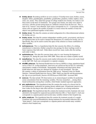 159

                                                                                    Sample Files


kinship_dat.sav. Rosenberg and Kim set out to analyze 15 kinship terms (aunt, brother, cousin,
daughter, father, granddaughter, grandfather, grandmother, grandson, mother, nephew, niece,
sister, son, uncle). They asked four groups of college students (two female, two male) to sort
these terms on the basis of similarities. Two groups (one female, one male) were asked to
sort twice, with the second sorting based on a different criterion from the ﬁrst sort. Thus, a
total of six “sources” were obtained. Each source corresponds to a           proximity matrix,
whose cells are equal to the number of people in a source minus the number of times the
objects were partitioned together in that source.
kinship_ini.sav. This data ﬁle contains an initial conﬁguration for a three-dimensional solution
for kinship_dat.sav.
kinship_var.sav. This data ﬁle contains independent variables gender, gener(ation), and degree
(of separation) that can be used to interpret the dimensions of a solution for kinship_dat.sav.
Speciﬁcally, they can be used to restrict the space of the solution to a linear combination of
these variables.
mailresponse.sav. This is a hypothetical data ﬁle that concerns the efforts of a clothing
manufacturer to determine whether using ﬁrst class postage for direct mailings results in
faster responses than bulk mail. Order-takers record how many weeks after the mailing
each order is taken.
marketvalues.sav. This data ﬁle concerns home sales in a new housing development in
Algonquin, Ill., during the years from 1999–2000. These sales are a matter of public record.
mutualfund.sav. This data ﬁle concerns stock market information for various tech stocks listed
on the S&P 500. Each case corresponds to a separate company.
nhis2000_subset.sav. The National Health Interview Survey (NHIS) is a large, population-based
survey of the U.S. civilian population. Interviews are carried out face-to-face in a nationally
representative sample of households. Demographic information and observations about
health behaviors and status are obtained for members of each household. This data
ﬁle contains a subset of information from the 2000 survey. National Center for Health
Statistics. National Health Interview Survey, 2000. Public-use data ﬁle and documentation.
ftp://ftp.cdc.gov/pub/Health_Statistics/NCHS/Datasets/NHIS/2000/. Accessed 2003.
ozone.sav. The data include 330 observations on six meteorological variables for predicting
ozone concentration from the remaining variables. Previous researchers , , among others
found nonlinearities among these variables, which hinder standard regression approaches.
pain_medication.sav. This hypothetical data ﬁle contains the results of a clinical trial for
anti-inﬂammatory medication for treating chronic arthritic pain. Of particular interest is the
time it takes for the drug to take effect and how it compares to an existing medication.
patient_los.sav. This hypothetical data ﬁle contains the treatment records of patients who were
admitted to the hospital for suspected myocardial infarction (MI, or “heart attack”). Each case
corresponds to a separate patient and records many variables related to their hospital stay.
patlos_sample.sav. This hypothetical data ﬁle contains the treatment records of a sample
of patients who received thrombolytics during treatment for myocardial infarction (MI, or
“heart attack”). Each case corresponds to a separate patient and records many variables
related to their hospital stay.
 