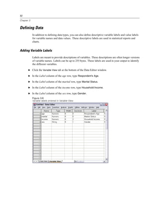 32

Chapter 3


Defining Data
            In addition to deﬁning data types, you can also deﬁne descriptive variable labels and value labels
            for variable names and data values. These descriptive labels are used in statistical reports and
            charts.


Adding Variable Labels
            Labels are meant to provide descriptions of variables. These descriptions are often longer versions
            of variable names. Labels can be up to 255 bytes. These labels are used in your output to identify
            the different variables.

       E Click the Variable View tab at the bottom of the Data Editor window.

       E In the Label column of the age row, type Respondent's Age.

       E In the Label column of the marital row, type Marital Status.

       E In the Label column of the income row, type Household Income.

       E In the Label column of the sex row, type Gender.

            Figure 3-6
            Variable labels entered in Variable View
 