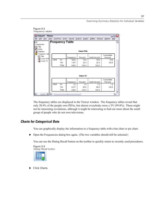 57

                                                        Examining Summary Statistics for Individual Variables


         Figure 5-2
         Frequency tables




         The frequency tables are displayed in the Viewer window. The frequency tables reveal that
         only 20.4% of the people own PDAs, but almost everybody owns a TV (99.0%). These might
         not be interesting revelations, although it might be interesting to ﬁnd out more about the small
         group of people who do not own televisions.


Charts for Categorical Data
         You can graphically display the information in a frequency table with a bar chart or pie chart.

      E Open the Frequencies dialog box again. (The two variables should still be selected.)

         You can use the Dialog Recall button on the toolbar to quickly return to recently used procedures.
         Figure 5-3
         Dialog Recall button




      E Click Charts.
 