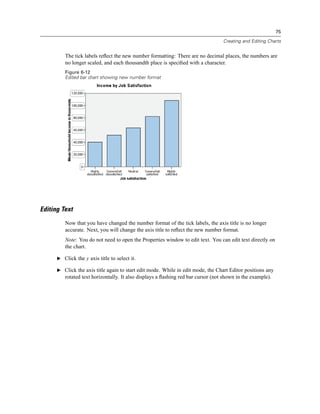 75

                                                                                  Creating and Editing Charts


         The tick labels reﬂect the new number formatting: There are no decimal places, the numbers are
         no longer scaled, and each thousandth place is speciﬁed with a character.
         Figure 6-12
         Edited bar chart showing new number format




Editing Text
         Now that you have changed the number format of the tick labels, the axis title is no longer
         accurate. Next, you will change the axis title to reﬂect the new number format.
         Note: You do not need to open the Properties window to edit text. You can edit text directly on
         the chart.

      E Click the y axis title to select it.

      E Click the axis title again to start edit mode. While in edit mode, the Chart Editor positions any
         rotated text horizontally. It also displays a ﬂashing red bar cursor (not shown in the example).
 