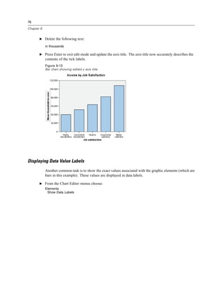 76

Chapter 6


       E Delete the following text:

            in thousands

       E Press Enter to exit edit mode and update the axis title. The axis title now accurately describes the
            contents of the tick labels.
            Figure 6-13
            Bar chart showing edited y axis title




Displaying Data Value Labels
            Another common task is to show the exact values associated with the graphic elements (which are
            bars in this example). These values are displayed in data labels.

       E From the Chart Editor menus choose:
            Elements
             Show Data Labels
 