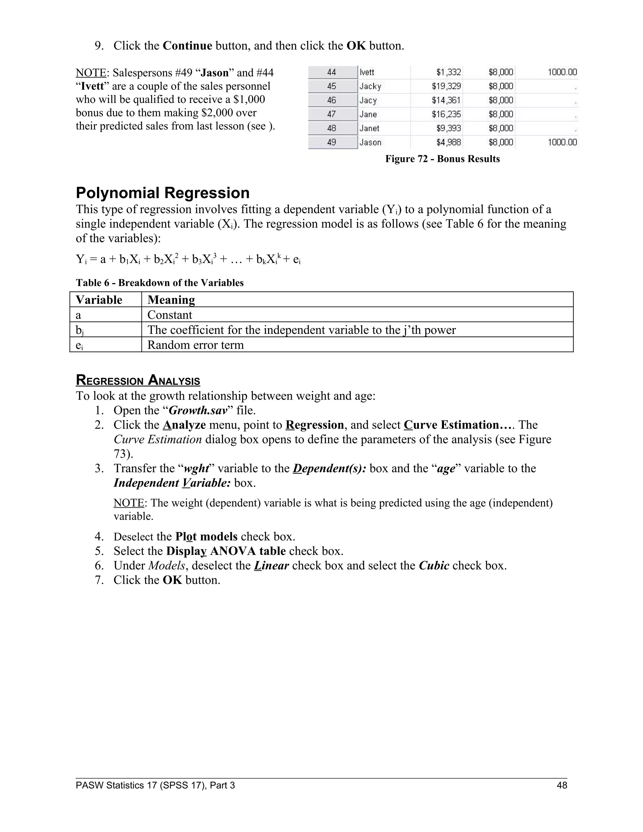 9. Click the Continue button, and then click the OK button.

NOTE: Salespersons #49 “Jason” and #44
“Ivett” are a couple of the sales personnel
who will be qualified to receive a $1,000
bonus due to them making $2,000 over
their predicted sales from last lesson (see ).

                                                                 Figure 72 - Bonus Results


Polynomial Regression
This type of regression involves fitting a dependent variable (Yi) to a polynomial function of a
single independent variable (Xi). The regression model is as follows (see Table 6 for the meaning
of the variables):
Yi = a + b1Xi + b2Xi2 + b3Xi3 + … + bkXik + ei
Table 6 - Breakdown of the Variables
Variable        Meaning
a               Constant
bj              The coefficient for the independent variable to the j’th power
ei              Random error term

REGRESSION ANALYSIS
To look at the growth relationship between weight and age:
   1. Open the “Growth.sav” file.
   2. Click the Analyze menu, point to Regression, and select Curve Estimation…. The
       Curve Estimation dialog box opens to define the parameters of the analysis (see Figure
       73).
   3. Transfer the “wght” variable to the Dependent(s): box and the “age” variable to the
       Independent Variable: box.
         NOTE: The weight (dependent) variable is what is being predicted using the age (independent)
         variable.
    4.   Deselect the Plot models check box.
    5.   Select the Display ANOVA table check box.
    6.   Under Models, deselect the Linear check box and select the Cubic check box.
    7.   Click the OK button.




PASW Statistics 17 (SPSS 17), Part 3                                                                    48
 