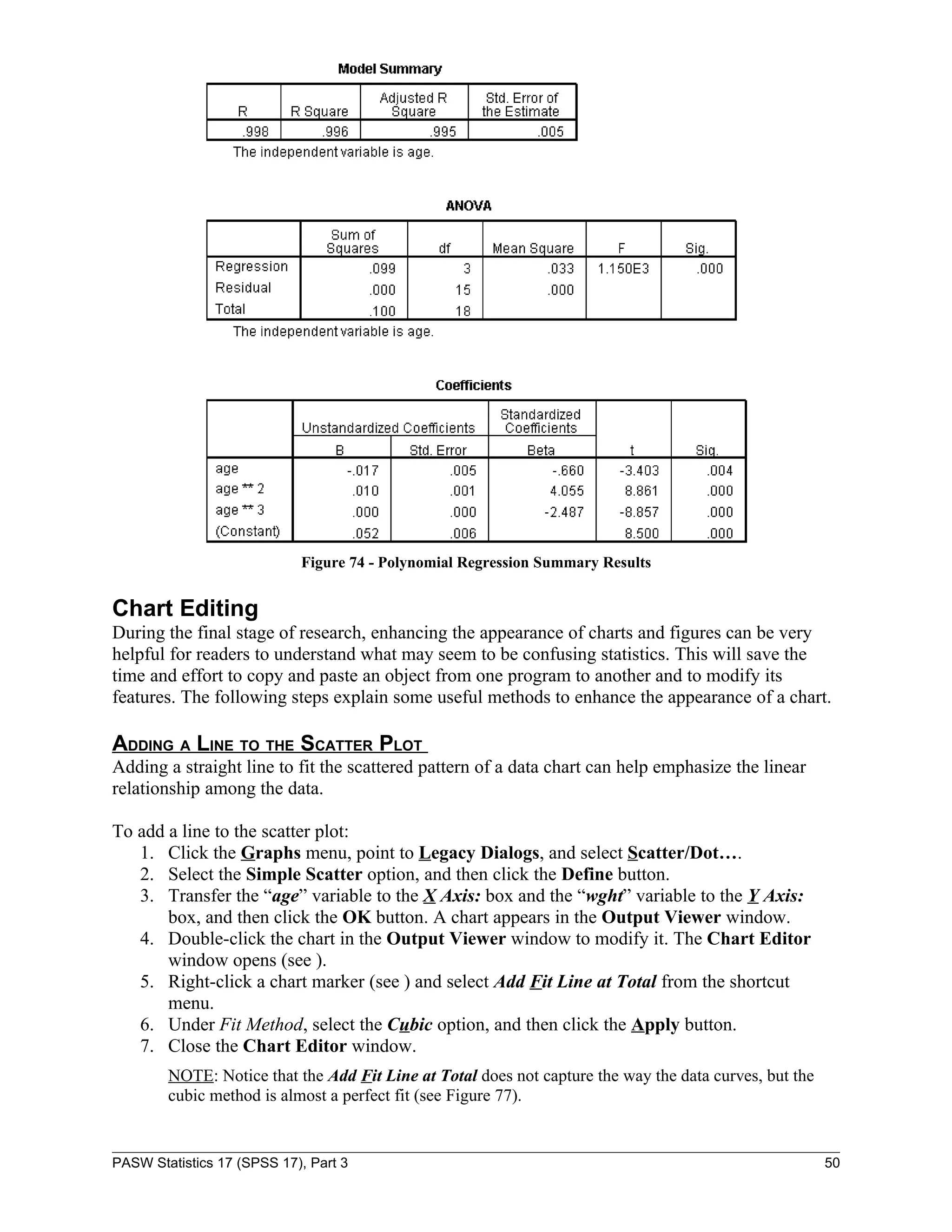 Figure 74 - Polynomial Regression Summary Results


Chart Editing
During the final stage of research, enhancing the appearance of charts and figures can be very
helpful for readers to understand what may seem to be confusing statistics. This will save the
time and effort to copy and paste an object from one program to another and to modify its
features. The following steps explain some useful methods to enhance the appearance of a chart.

ADDING A LINE TO THE SCATTER PLOT
Adding a straight line to fit the scattered pattern of a data chart can help emphasize the linear
relationship among the data.

To add a line to the scatter plot:
   1. Click the Graphs menu, point to Legacy Dialogs, and select Scatter/Dot….
   2. Select the Simple Scatter option, and then click the Define button.
   3. Transfer the “age” variable to the X Axis: box and the “wght” variable to the Y Axis:
       box, and then click the OK button. A chart appears in the Output Viewer window.
   4. Double-click the chart in the Output Viewer window to modify it. The Chart Editor
       window opens (see ).
   5. Right-click a chart marker (see ) and select Add Fit Line at Total from the shortcut
       menu.
   6. Under Fit Method, select the Cubic option, and then click the Apply button.
   7. Close the Chart Editor window.
        NOTE: Notice that the Add Fit Line at Total does not capture the way the data curves, but the
        cubic method is almost a perfect fit (see Figure 77).


PASW Statistics 17 (SPSS 17), Part 3                                                                    50
 