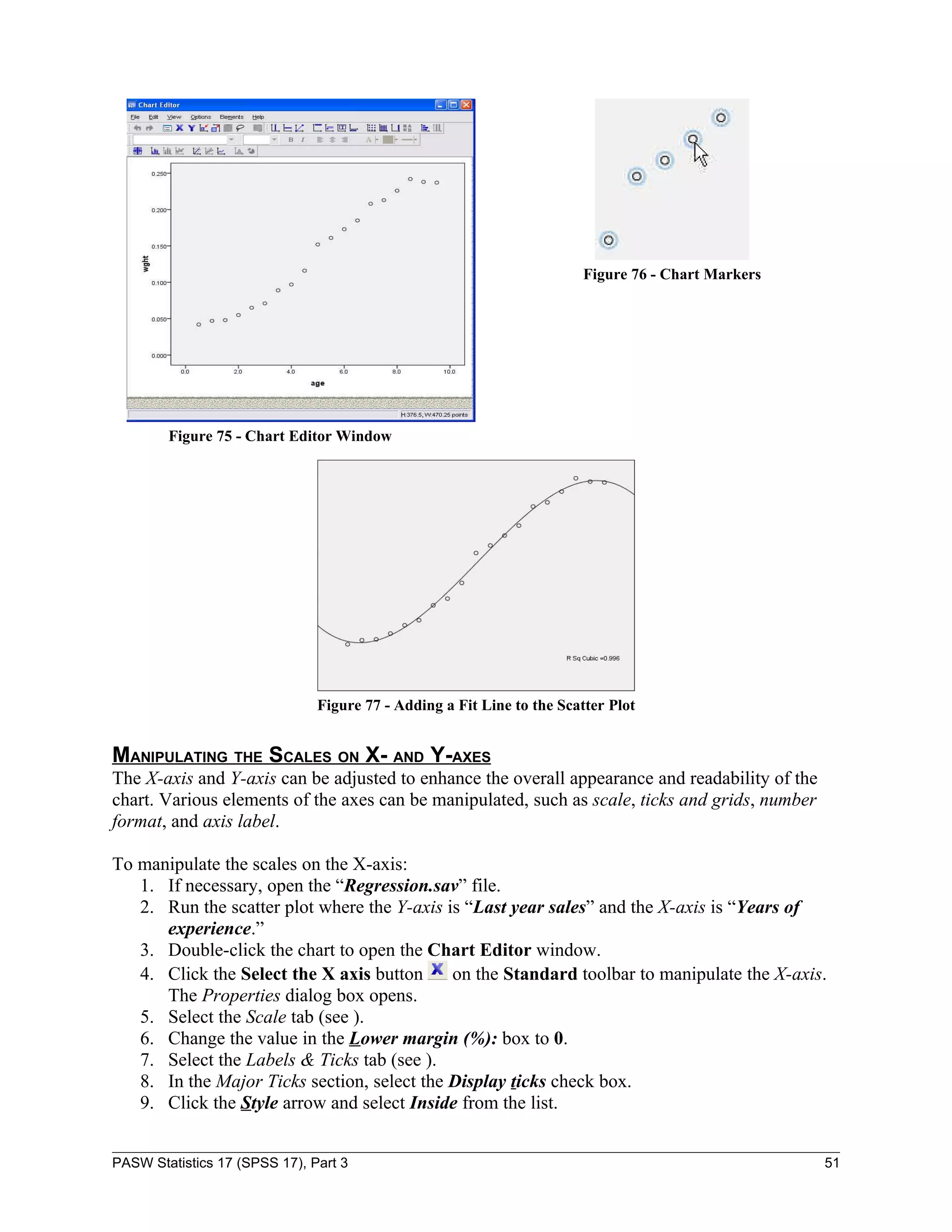 Figure 76 - Chart Markers




        Figure 75 - Chart Editor Window




                               Figure 77 - Adding a Fit Line to the Scatter Plot


MANIPULATING THE SCALES ON X- AND Y-AXES
The X-axis and Y-axis can be adjusted to enhance the overall appearance and readability of the
chart. Various elements of the axes can be manipulated, such as scale, ticks and grids, number
format, and axis label.

To manipulate the scales on the X-axis:
   1. If necessary, open the “Regression.sav” file.
   2. Run the scatter plot where the Y-axis is “Last year sales” and the X-axis is “Years of
      experience.”
   3. Double-click the chart to open the Chart Editor window.
   4. Click the Select the X axis button     on the Standard toolbar to manipulate the X-axis.
      The Properties dialog box opens.
   5. Select the Scale tab (see ).
   6. Change the value in the Lower margin (%): box to 0.
   7. Select the Labels & Ticks tab (see ).
   8. In the Major Ticks section, select the Display ticks check box.
   9. Click the Style arrow and select Inside from the list.


PASW Statistics 17 (SPSS 17), Part 3                                                               51
 